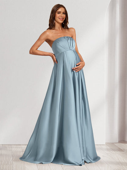 A-Line/Princess Strapless Ruched Long Baby Shower Bridesmaid Dresses with Split Side