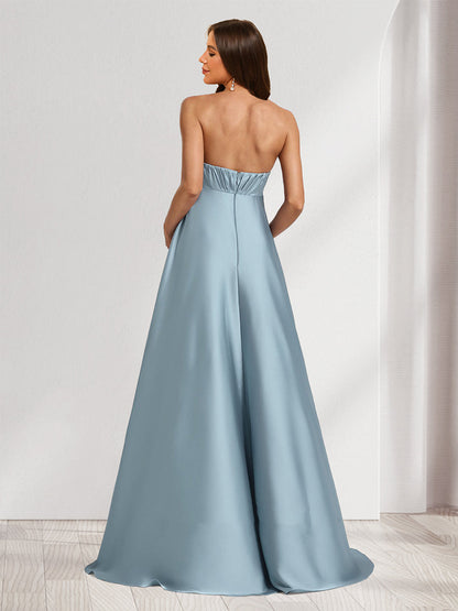 A-Line/Princess Strapless Ruched Long Baby Shower Bridesmaid Dresses with Split Side