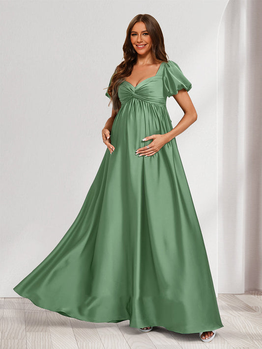 A-Line/Princess V-Neck Ruched Short Sleeves Elegant Baby Shower Bridesmaid Dresses with Pleats