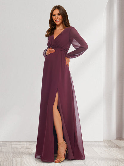 A-Line/Princess V-Neck Long Sleeves Chiffon Baby Shower Bridesmaid Dresses with Split Side
