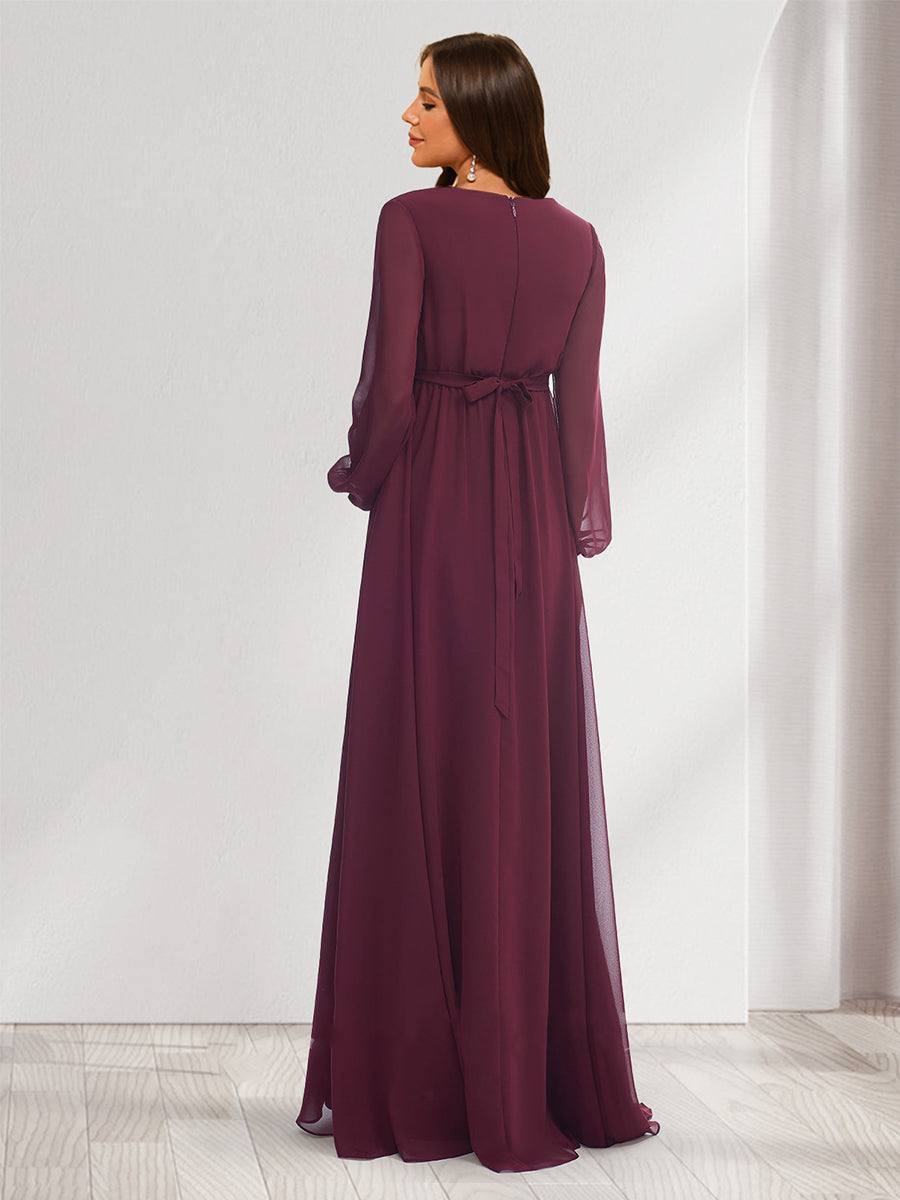 A-Line/Princess V-Neck Long Sleeves Chiffon Baby Shower Bridesmaid Dresses with Split Side