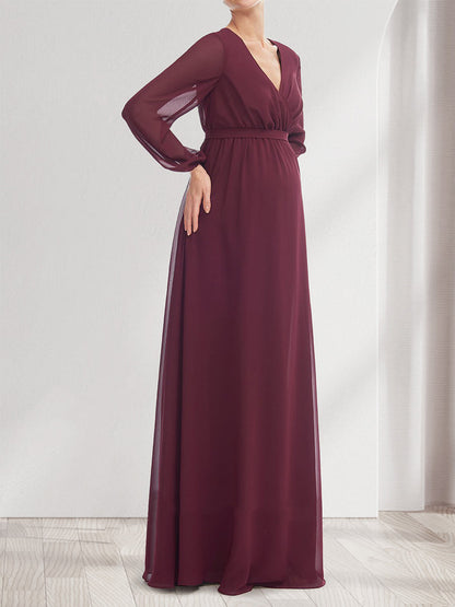 A-Line/Princess V-Neck Long Sleeves Chiffon Baby Shower Bridesmaid Dresses with Split Side