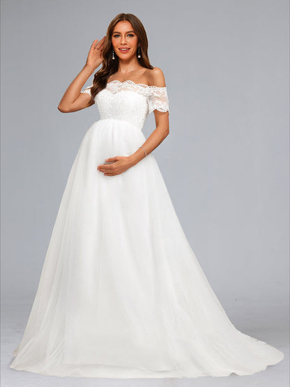 Ball Gown Off-the-Shoulder Baby Shower Wedding Dresses with Lace Appliques