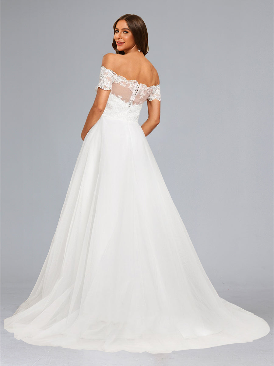 Ball Gown Off-the-Shoulder Baby Shower Wedding Dresses with Lace Appliques