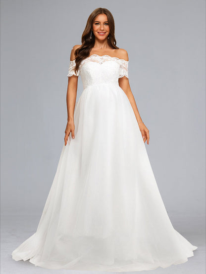Ball Gown Off-the-Shoulder Baby Shower Wedding Dresses with Lace Appliques