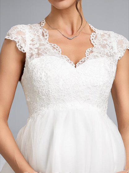 A-Line/Princess V-Neck Long Tulle Luxurious Baby Shower Wedding Dresses with Appliques
