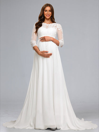 A-Line/Princess Scoop 3/4 Sleeves Chiffon Baby Shower Wedding Dresses with Lace Appliques