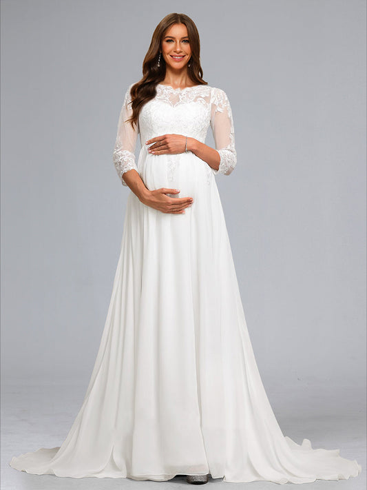 A-Line/Princess Scoop 3/4 Sleeves Chiffon Baby Shower Wedding Dresses with Lace Appliques