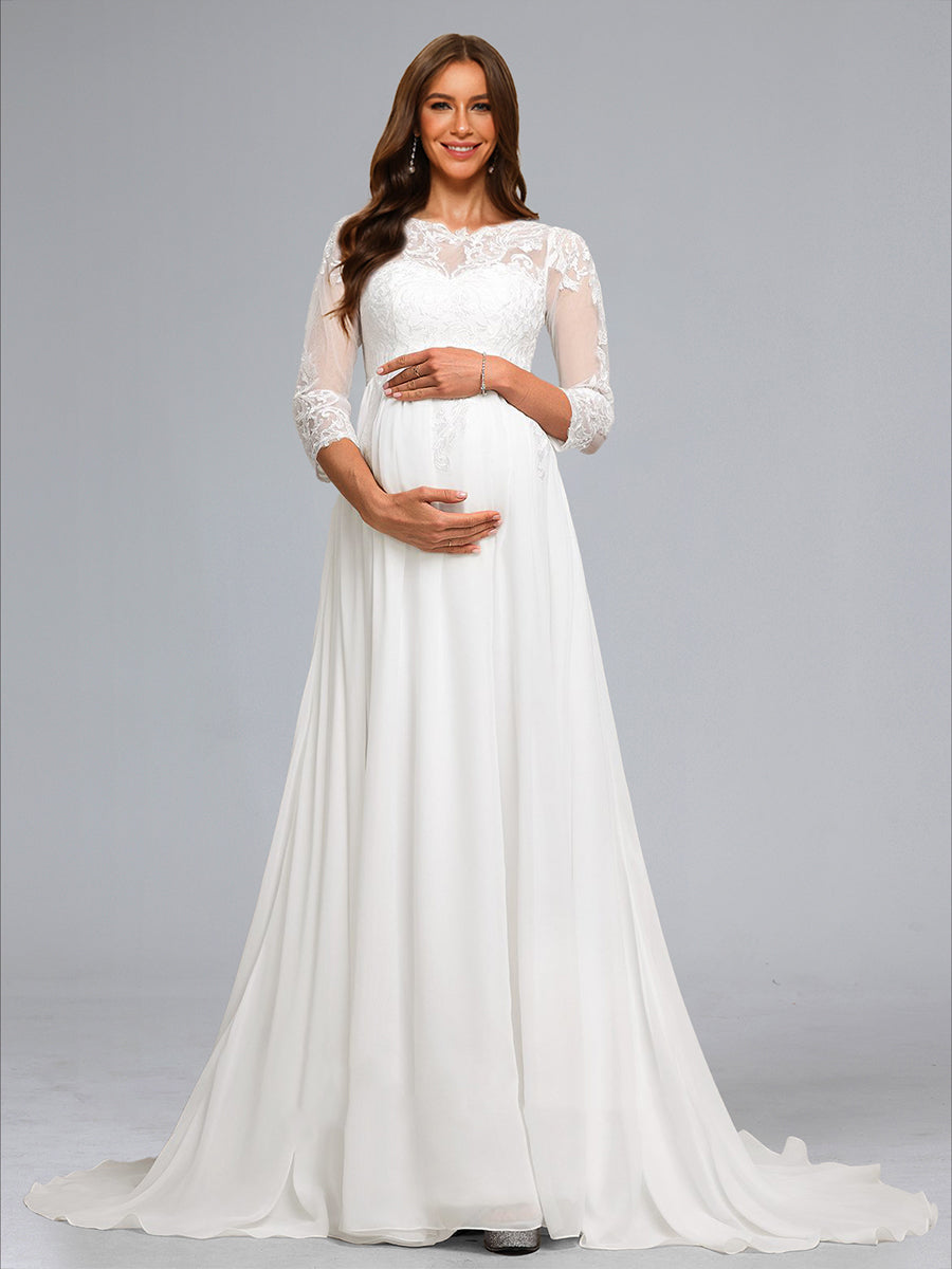 A-Line/Princess Scoop 3/4 Sleeves Chiffon Baby Shower Wedding Dresses with Lace Appliques