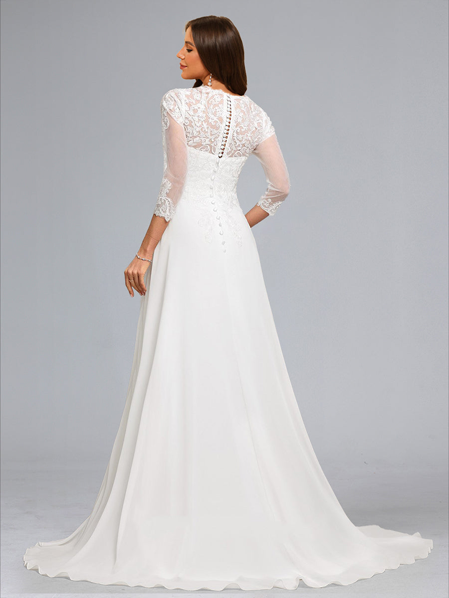 A-Line/Princess Scoop 3/4 Sleeves Chiffon Baby Shower Wedding Dresses with Lace Appliques