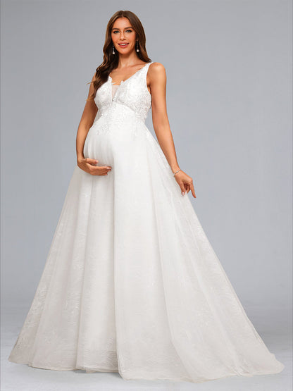 Ball Gown V-Neck Sleeveless Long Elegant Baby Shower Wedding Dresses with Appliques