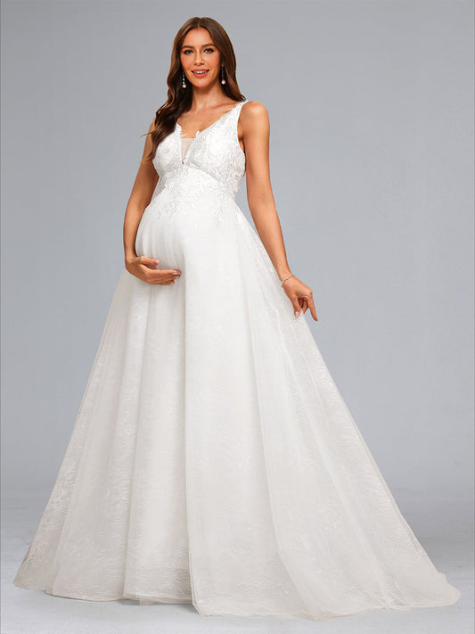 Ball Gown V-Neck Sleeveless Long Elegant Baby Shower Wedding Dresses with Appliques