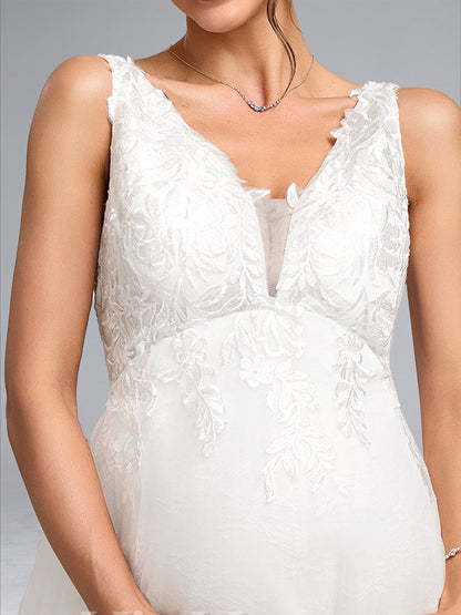 Ball Gown V-Neck Sleeveless Long Elegant Baby Shower Wedding Dresses with Appliques