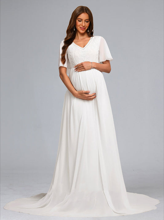 A-Line/Princess V-Neck Short Sleeves Baby Shower Wedding Dresses with Embroidery Appliques