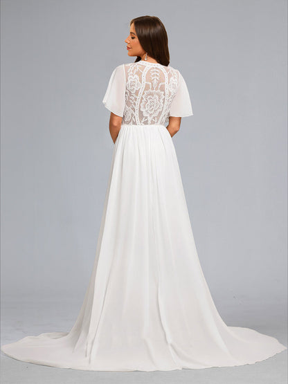 A-Line/Princess V-Neck Short Sleeves Baby Shower Wedding Dresses with Embroidery Appliques