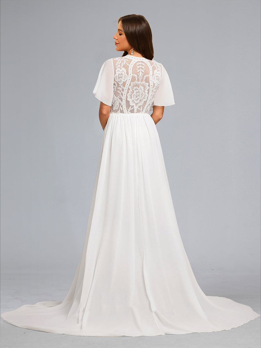 A-Line/Princess V-Neck Short Sleeves Baby Shower Wedding Dresses with Embroidery Appliques