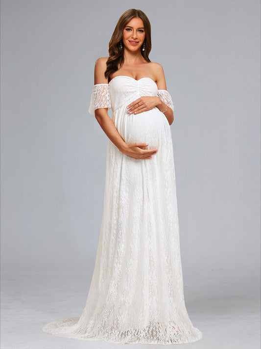 A-Line/Princess Strapless Short Sleeves Ruched Lace Baby Shower Wedding Dresses with Appliques