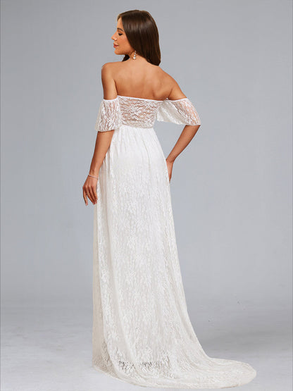 A-Line/Princess Strapless Short Sleeves Ruched Lace Baby Shower Wedding Dresses with Appliques