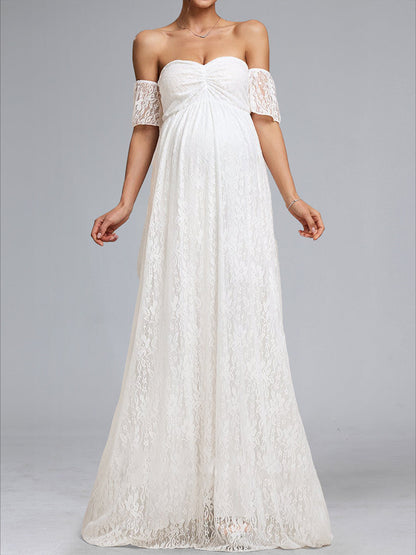 A-Line/Princess Strapless Short Sleeves Ruched Lace Baby Shower Wedding Dresses with Appliques