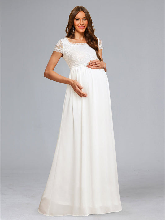 A-Line/Princess Square Neck Short Sleeves Long Appliques Baby Shower Wedding Dresses