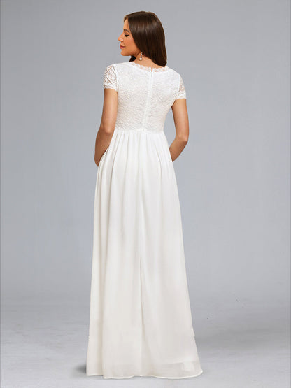 A-Line/Princess Square Neck Short Sleeves Long Appliques Baby Shower Wedding Dresses