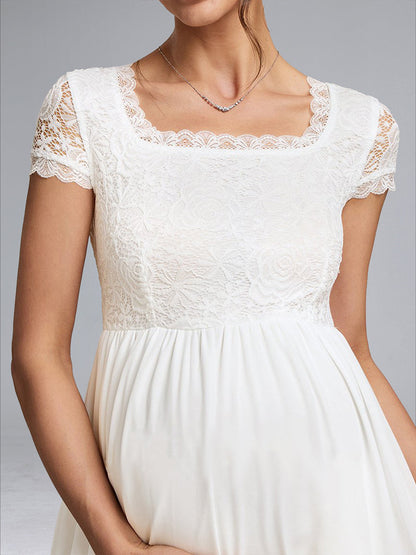 A-Line/Princess Square Neck Short Sleeves Long Appliques Baby Shower Wedding Dresses