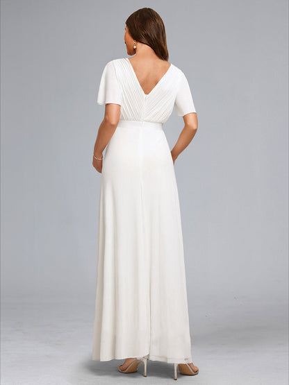 A-Line/Princess V-Neck Ruched Floor-Length Baby Shower Wedding Dresses with Ruffles