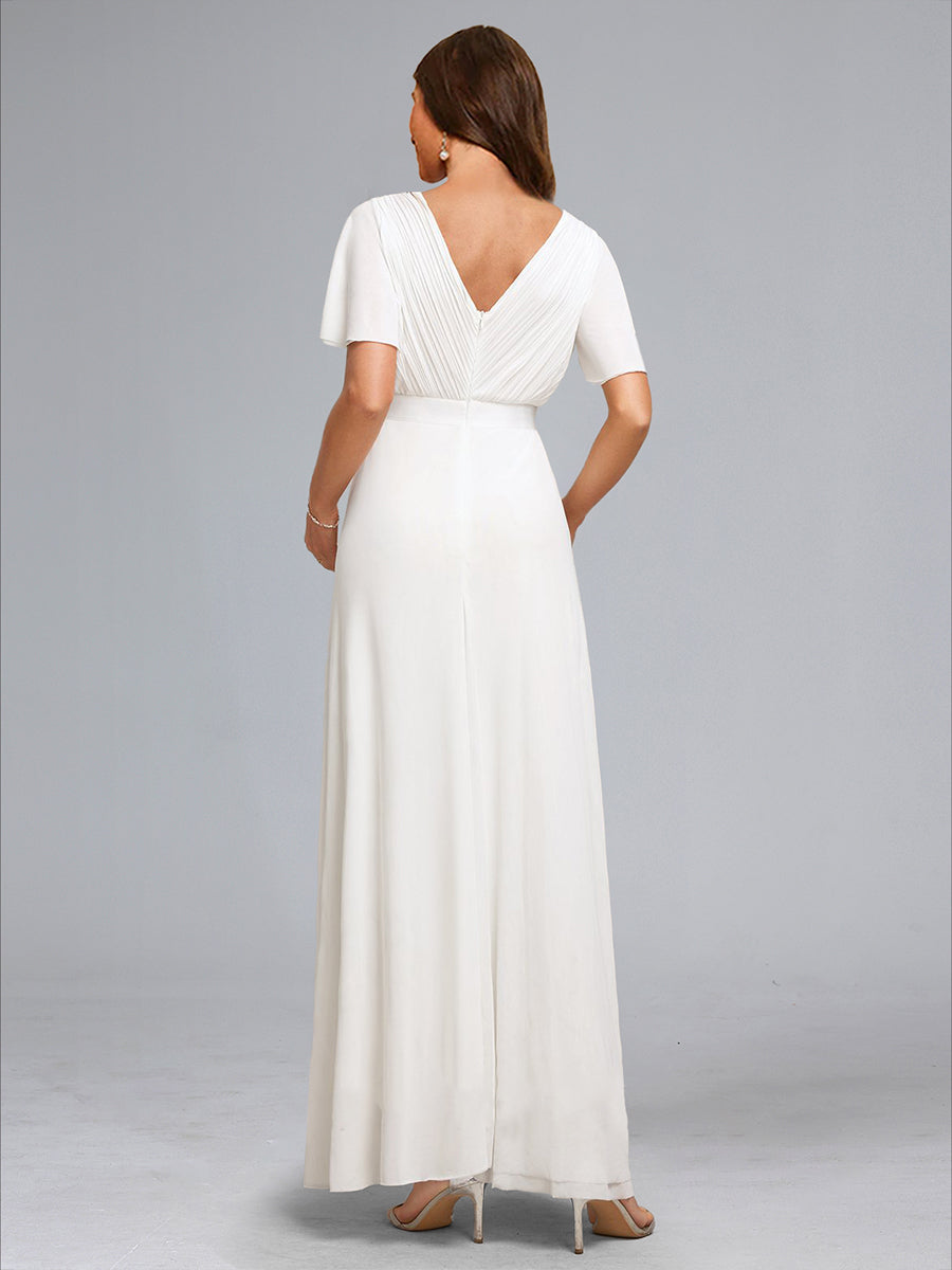 A-Line/Princess V-Neck Ruched Floor-Length Baby Shower Wedding Dresses with Ruffles