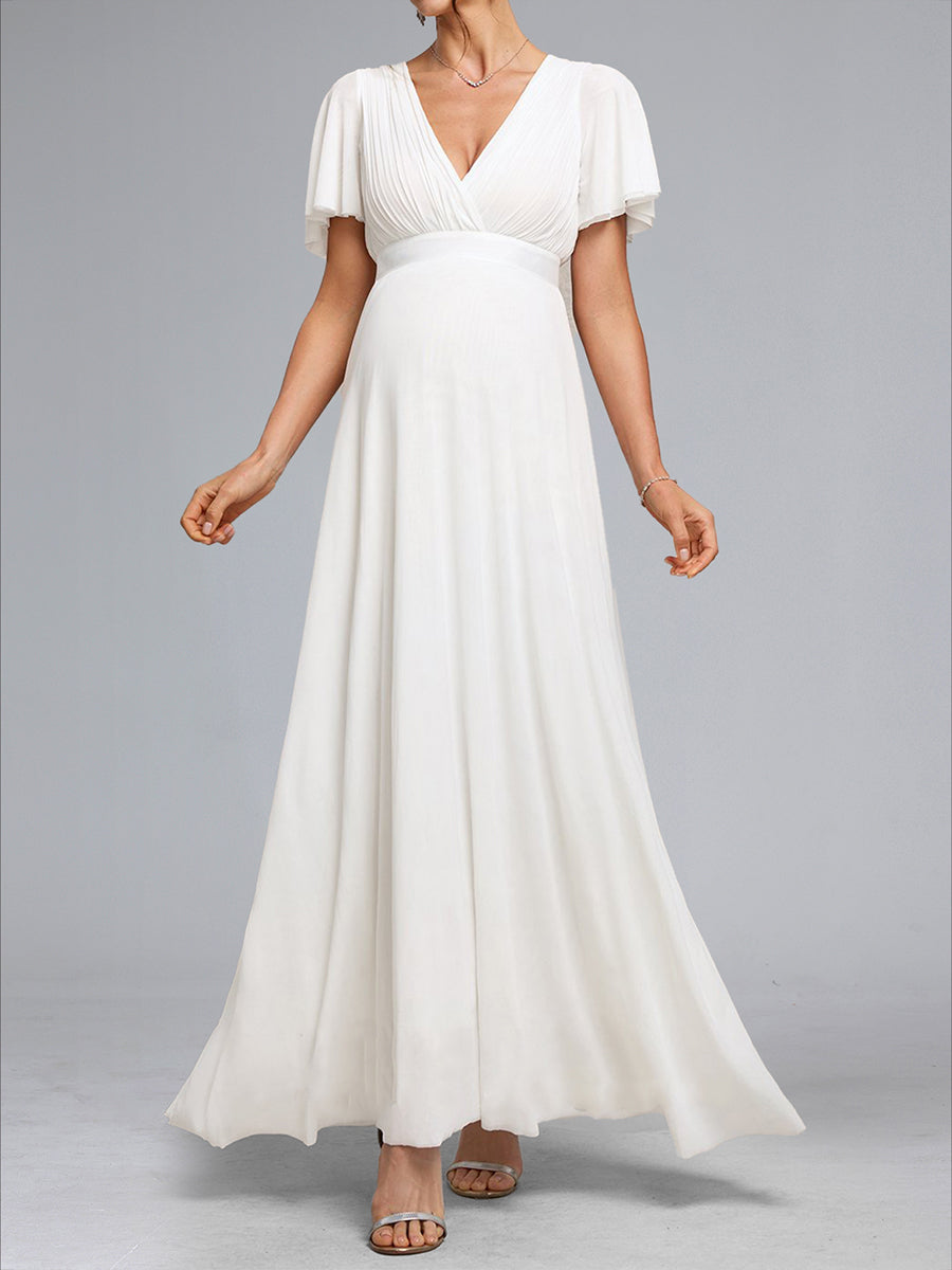 A-Line/Princess V-Neck Ruched Floor-Length Baby Shower Wedding Dresses with Ruffles
