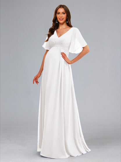 A-Line/Princess V-Neck Ruched Flutter Sleeves Long Baby Shower Wedding Dresses with Ruffles
