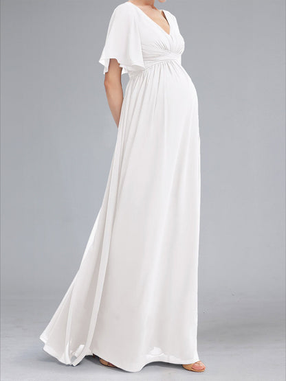 A-Line/Princess V-Neck Ruched Flutter Sleeves Long Baby Shower Wedding Dresses with Ruffles