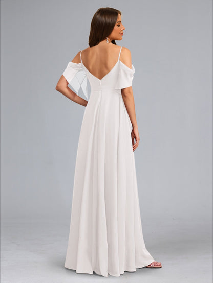 A-Line/Princess Cold Shoulder Ruched Floor-Length Baby Shower Wedding Dresses with Side Slit & Sash