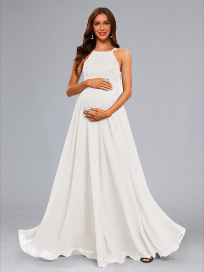 Chiffon A-Line/Princess Halter Sleeveless Floor-Length Baby Shower Wedding Dresses with Lace