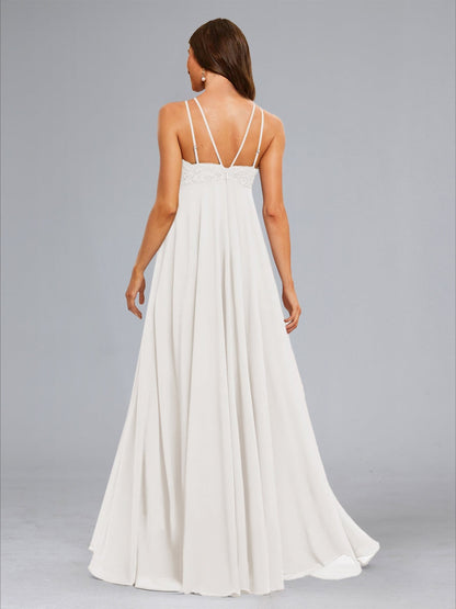 Chiffon A-Line/Princess Halter Sleeveless Floor-Length Baby Shower Wedding Dresses with Lace