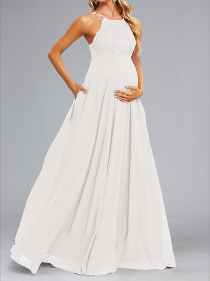 Chiffon A-Line/Princess Halter Sleeveless Floor-Length Baby Shower Wedding Dresses with Lace