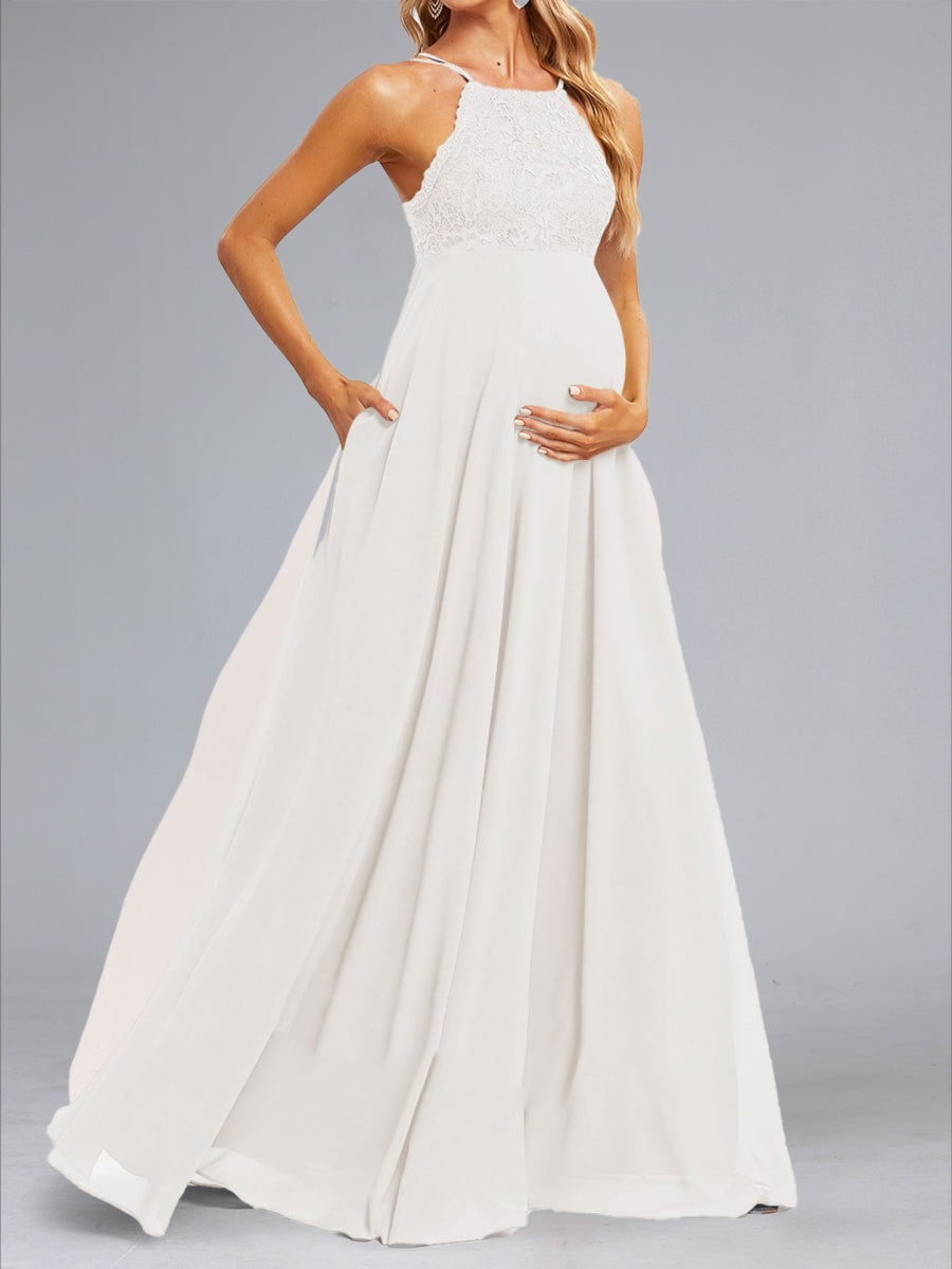 Chiffon A-Line/Princess Halter Sleeveless Floor-Length Baby Shower Wedding Dresses with Lace