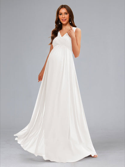 A-Line/Princess Ruched V-Neck Sleeveless Floor-Length Baby Shower Wedding Dresses with Pleats