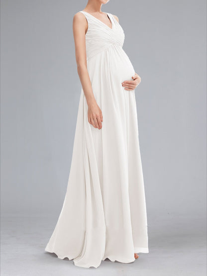 A-Line/Princess Ruched V-Neck Sleeveless Floor-Length Baby Shower Wedding Dresses with Pleats