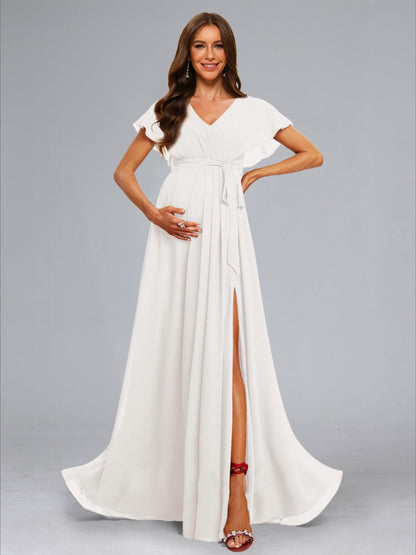 A-Line/Princess V-Neck Flutter Sleeves Ruched Elegant Baby Shower Wedding Dresses with Sash & Split Side