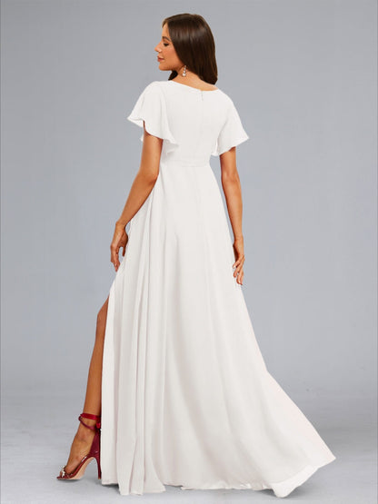 A-Line/Princess V-Neck Flutter Sleeves Ruched Elegant Baby Shower Wedding Dresses with Sash & Split Side