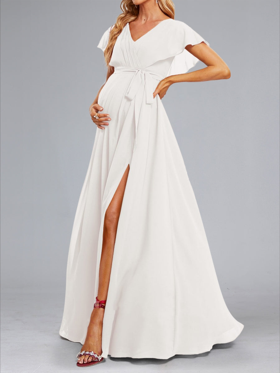 A-Line/Princess V-Neck Flutter Sleeves Ruched Elegant Baby Shower Wedding Dresses with Sash & Split Side