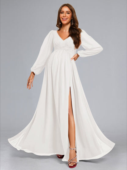A-Line/Princess V-Neck Long Sleeves Ruched Floor-Length Baby Shower Wedding Dresses with Side Slit & Ruffles