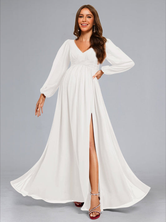 A-Line/Princess V-Neck Long Sleeves Ruched Floor-Length Baby Shower Wedding Dresses with Side Slit & Ruffles
