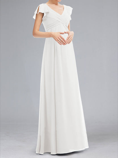 A-Line/Princess V-Neck Short Sleeves Ruched Floor-Length Baby Shower Wedding Dresses