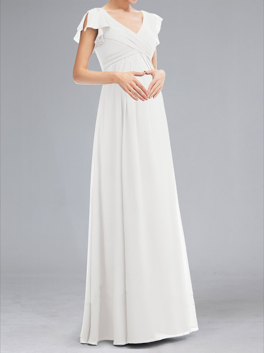 A-Line/Princess V-Neck Short Sleeves Ruched Floor-Length Baby Shower Wedding Dresses