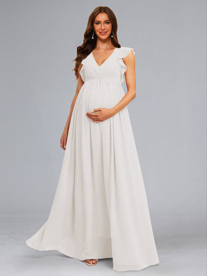 A-Line/Princess Chiffon Sleeveless Ruched Floor-Length Baby Shower Wedding Dresses with Ruffles