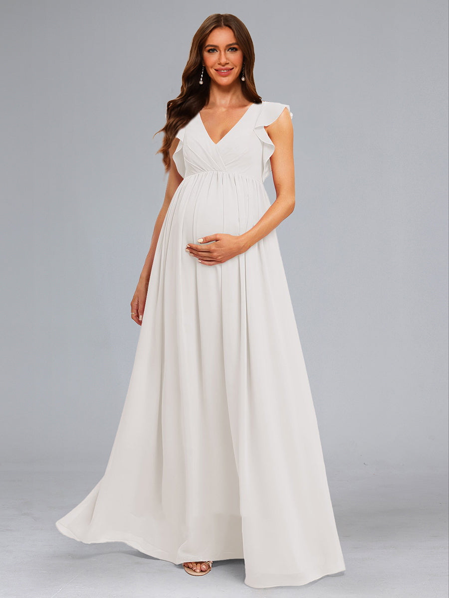 A-Line/Princess Chiffon Sleeveless Ruched Floor-Length Baby Shower Wedding Dresses with Ruffles