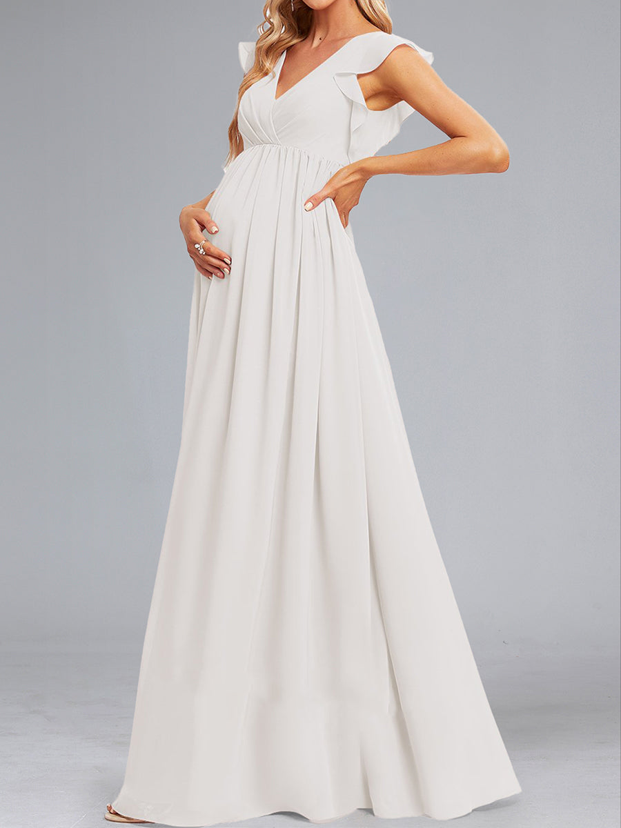 A-Line/Princess Chiffon Sleeveless Ruched Floor-Length Baby Shower Wedding Dresses with Ruffles