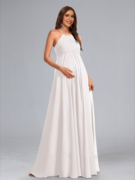 A-Line Halter Neck Ruched Chiffon Floor-Length Baby Shower Wedding Dresses with Pleats