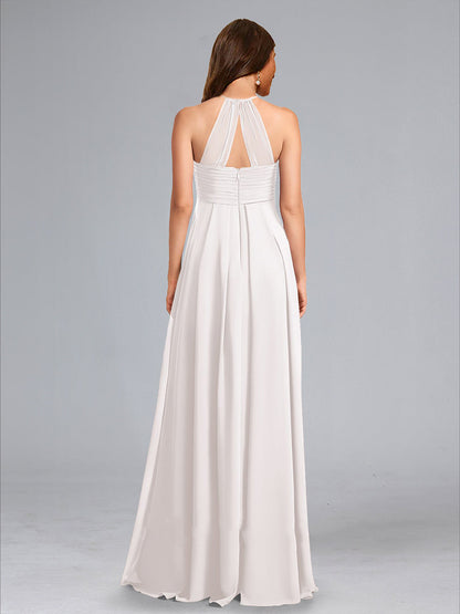 A-Line Halter Neck Ruched Chiffon Floor-Length Baby Shower Wedding Dresses with Pleats